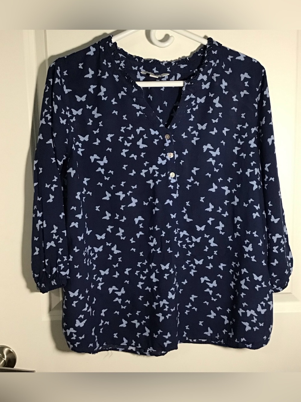croft & barrow Navy Blue Butterfly-Print Henley Blouse PXL